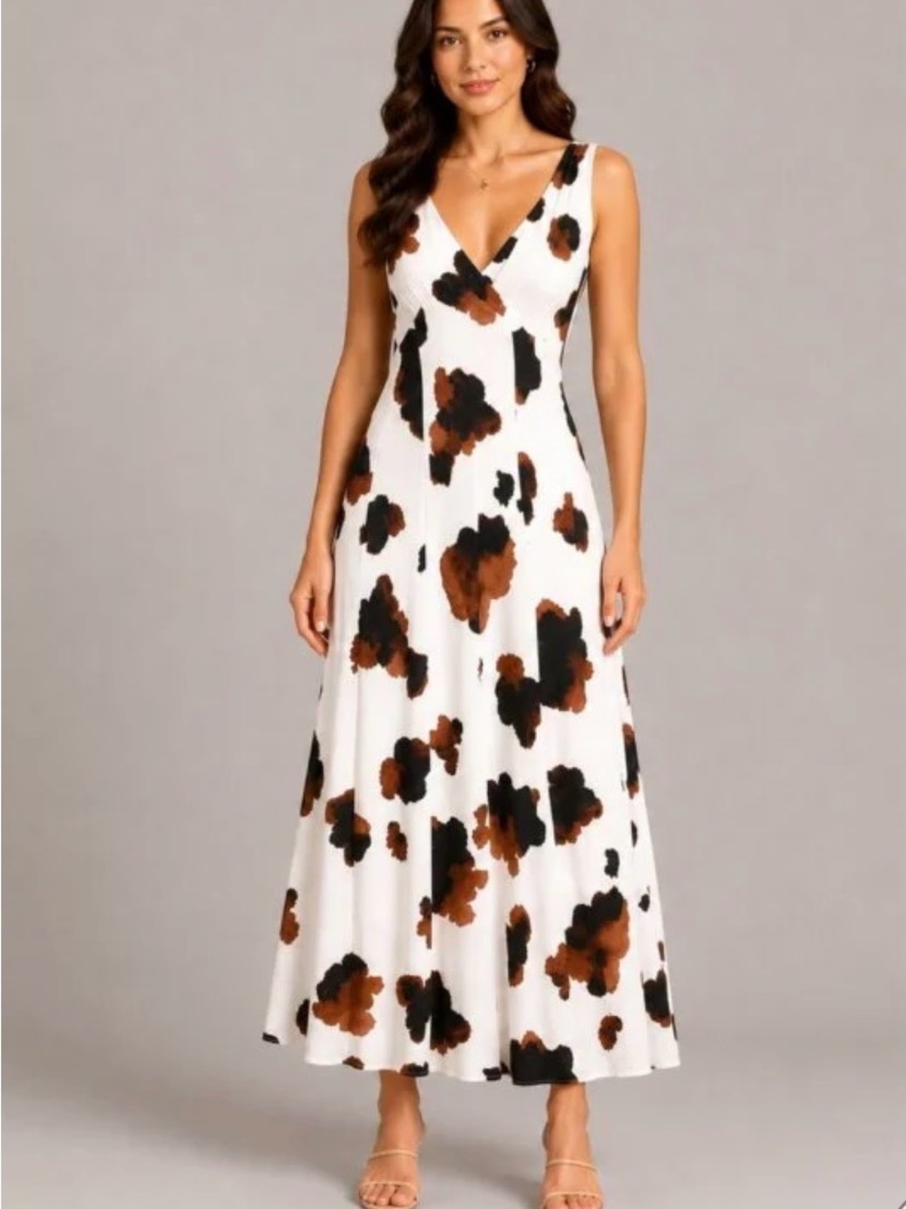 Paper Heart Sleeveless V-Neck White Maxi Dress with Brown & Black Spot  print